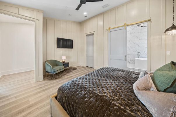 Bedroom, Interior, Pendant Lights, Recessed Lighting, Wood Texture Flooring