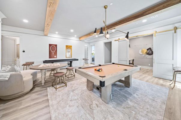 Billiard Table, Game Room, Interior, Pendant Lights, Recessed Lighting, Wooden Beams, Wood Texture Flooring