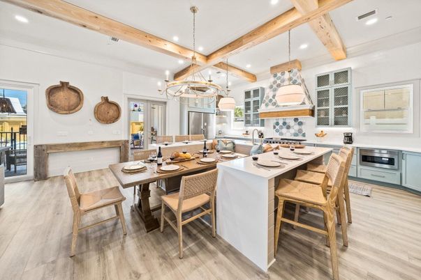 Chandelier, Dining room, Interior, Kitchen, Pendant Lights, Recessed Lighting, Stainless Steel Appliances, Wooden Beams, Wood Texture Flooring