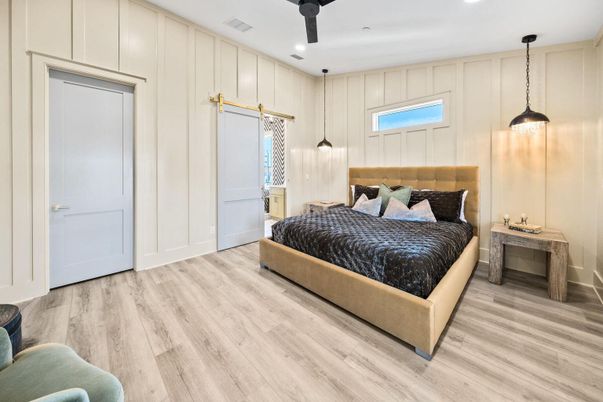 Bedroom, Interior, Pendant Lights, Recessed Lighting, Wood Texture Flooring