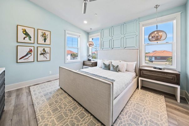 Bedroom, Interior, Pendant Lights, Recessed Lighting, Wood Texture Flooring