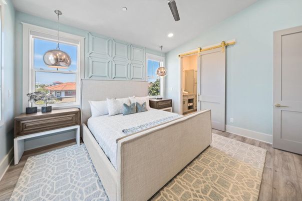 Bedroom, Interior, Pendant Lights, Recessed Lighting, Wood Texture Flooring