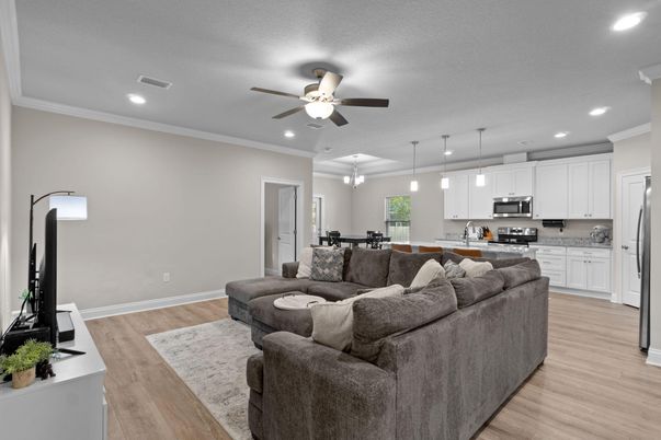 Dining room, Interior, Kitchen, Living room, Pendant Lights, Recessed Lighting, Stainless Steel Appliances, Wood Texture Flooring