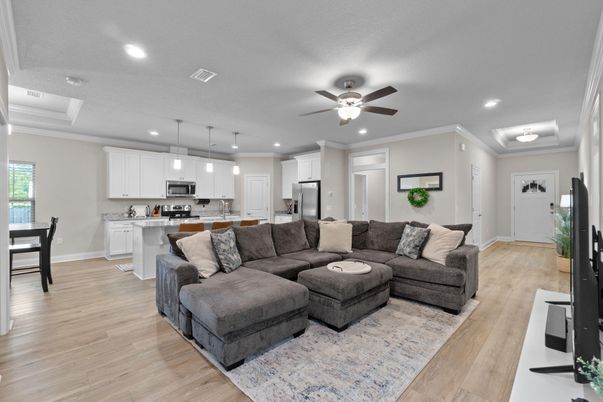Dining room, Interior, Kitchen, Living room, Pendant Lights, Recessed Lighting, Stainless Steel Appliances, Wood Texture Flooring