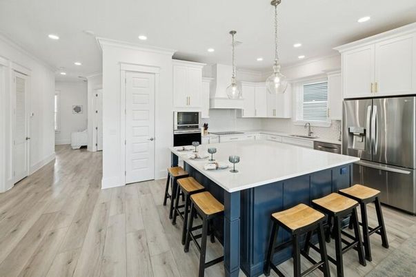 Interior, Kitchen, Pendant Lights, Recessed Lighting, Stainless Steel Appliances, Wood Texture Flooring