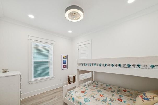 Bedroom, Interior, Recessed Lighting, Wood Texture Flooring