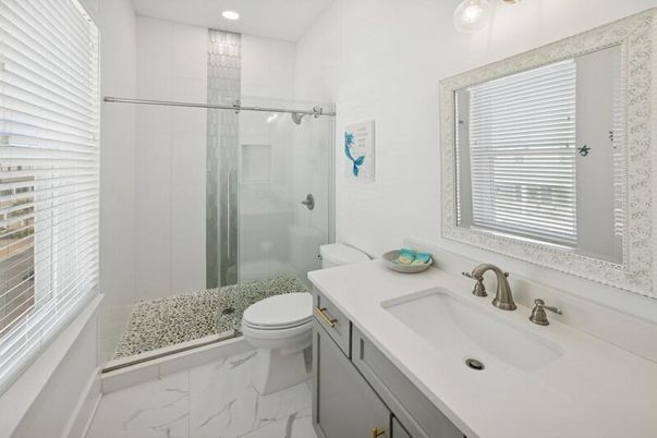 Bathroom, Glass Shower, Interior, Marble, Recessed Lighting