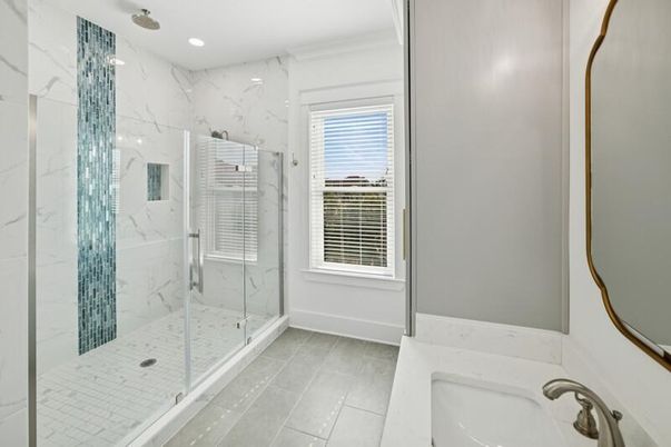 Bathroom, Glass Shower, Interior, Marble Walls, Recessed Lighting