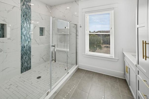 Bathroom, Glass Shower, Interior, Marble Walls, Recessed Lighting