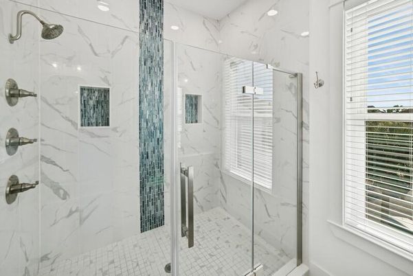 Bathroom, Glass Shower, Interior, Marble Walls, Recessed Lighting