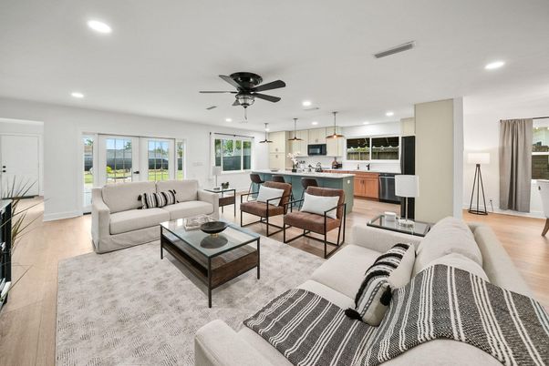 Interior, Kitchen, Living room, Pendant Lights, Recessed Lighting, Wood Texture Flooring