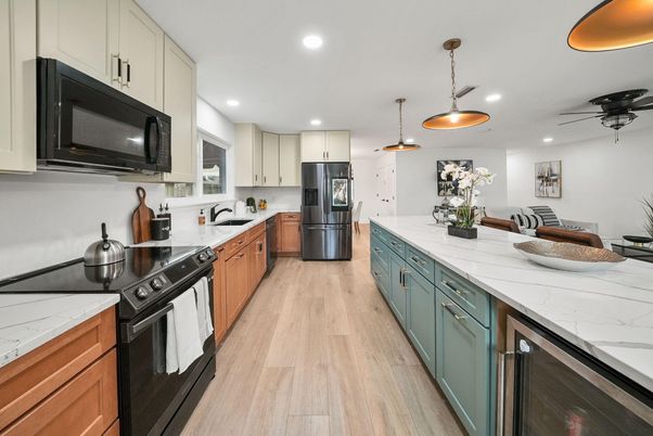 Interior, Kitchen, Pendant Lights, Recessed Lighting, Stainless Steel Appliances, Wood Texture Flooring
