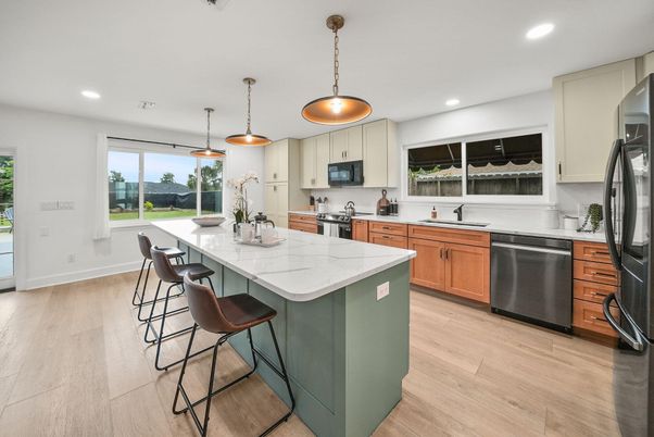 Interior, Kitchen, Pendant Lights, Recessed Lighting, Stainless Steel Appliances, Wood Texture Flooring