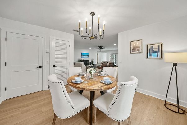Dining room, Interior, Pendant Lights, Recessed Lighting, Wood Texture Flooring