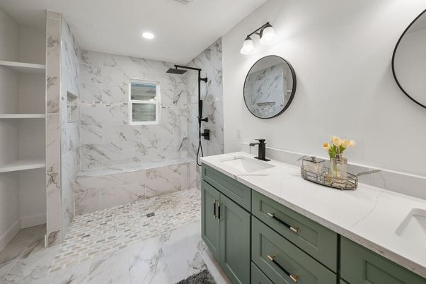 Bathroom, Dual Sink Vanities, Glass Shower, Interior, Marble, Marble Walls, Recessed Lighting