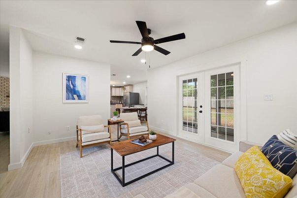 Interior, Kitchen, Living room, Recessed Lighting, Wood Texture Flooring