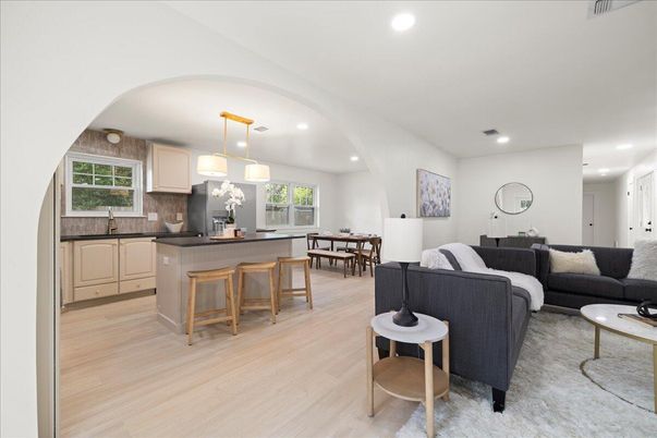 Dining room, Interior, Kitchen, Living room, Pendant Lights, Recessed Lighting, Wood Texture Flooring