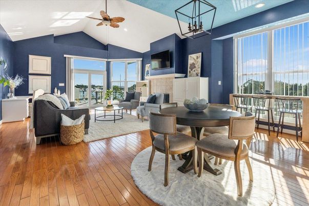 Dining room, Fireplace, Interior, Living room, Recessed Lighting, Wood Texture Flooring