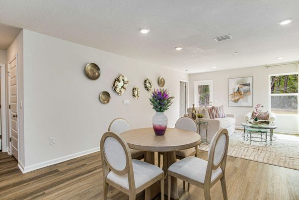 Dining room, Interior, Living room, Recessed Lighting, Wood Texture Flooring