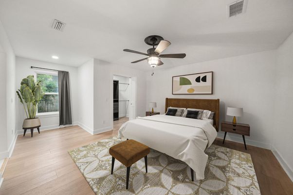 Bedroom, Interior, Recessed Lighting, Wood Texture Flooring