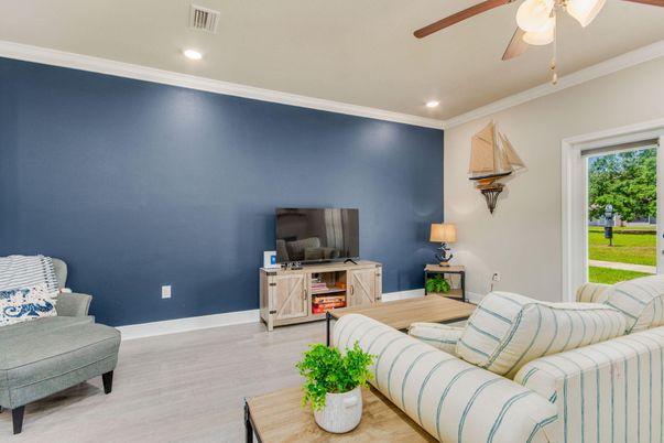 Interior, Living room, Recessed Lighting, Wood Texture Flooring
