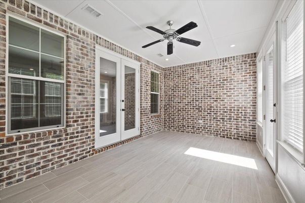 Empty room, Interior, Recessed Lighting, Stone Walls, Wood Texture Flooring