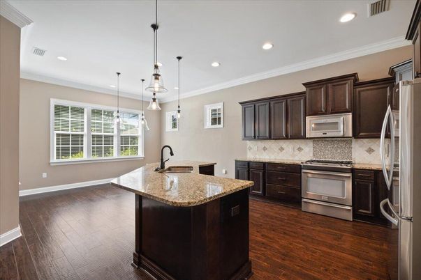 Interior, Kitchen, Pendant Lights, Recessed Lighting, Stainless Steel Appliances, Wood Texture Flooring