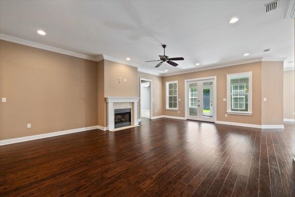 Empty room, Fireplace, Interior, Recessed Lighting, Wood Texture Flooring