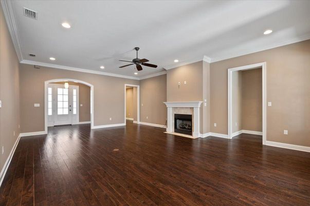 Empty room, Fireplace, Interior, Recessed Lighting, Wood Texture Flooring