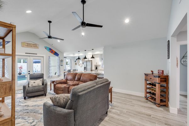 Interior, Kitchen, Living room, Pendant Lights, Recessed Lighting, Wood Texture Flooring