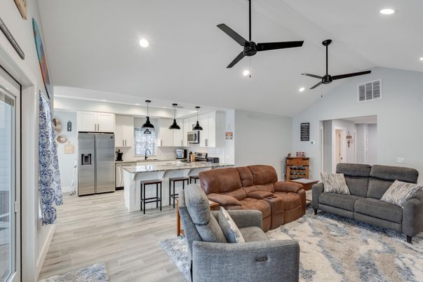 Interior, Kitchen, Living room, Pendant Lights, Recessed Lighting, Stainless Steel Appliances, Wood Texture Flooring