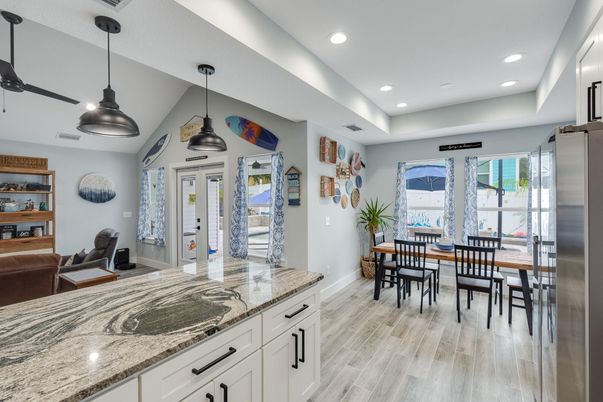 Dining room, Interior, Pendant Lights, Recessed Lighting, Wood Texture Flooring