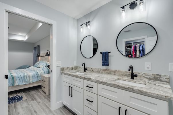 Bathroom, Bedroom, Dual Sink Vanities, Interior, Recessed Lighting, Wood Texture Flooring