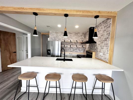Interior, Kitchen, Pendant Lights, Recessed Lighting, Stainless Steel Appliances, Stone Walls, Wood Texture Flooring