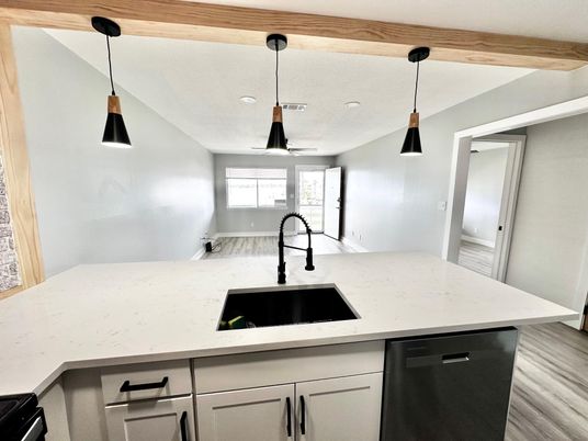 Interior, Kitchen, Pendant Lights, Recessed Lighting, Wood Texture Flooring