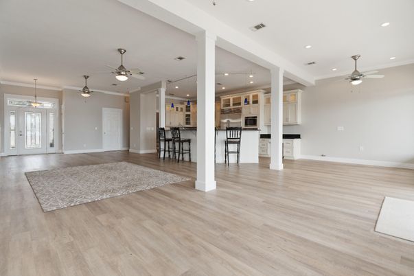 Empty room, Interior, Kitchen, Recessed Lighting, Wood Texture Flooring