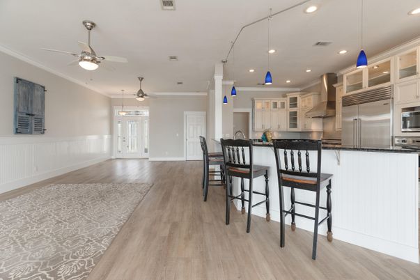 Interior, Kitchen, Pendant Lights, Recessed Lighting, Stainless Steel Appliances, Wood Texture Flooring