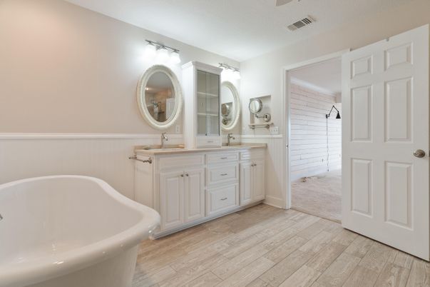 Bathroom, Dual Sink Vanities, Free Standing Baths, Interior, Wood Texture Flooring