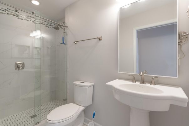 Bathroom, Glass Shower, Interior, Marble Walls, Recessed Lighting