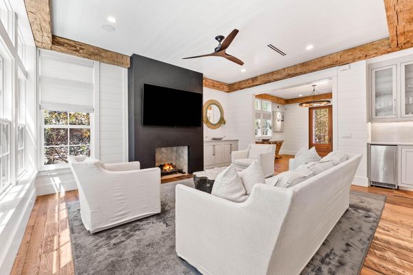Dining room, Fireplace, Interior, Living room, Pendant Lights, Recessed Lighting, Stone Walls, Wood Texture Flooring