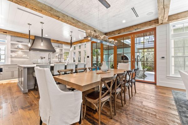 Dining room, Interior, Kitchen, Pendant Lights, Recessed Lighting, Wooden Beams, Wood Texture Flooring