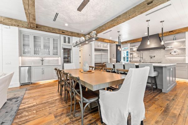 Dining room, Interior, Kitchen, Pendant Lights, Recessed Lighting, Stainless Steel Appliances, Wooden Beams, Wood Texture Flooring