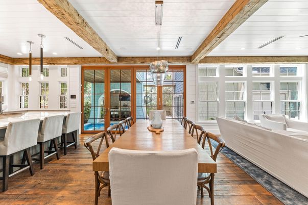 Dining room, Interior, Pendant Lights, Recessed Lighting, Wooden Beams, Wood Texture Flooring