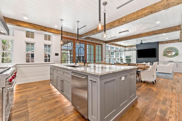 Interior, Kitchen, Living room, Pendant Lights, Recessed Lighting, Stainless Steel Appliances, Wooden Beams, Wood Texture Flooring