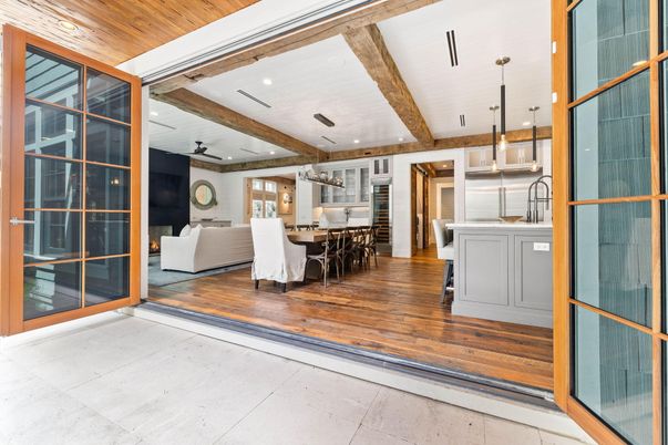 Dining room, Interior, Kitchen, Living room, Pendant Lights, Recessed Lighting, Wooden Beams, Wooden Ceilings, Wood Texture Flooring