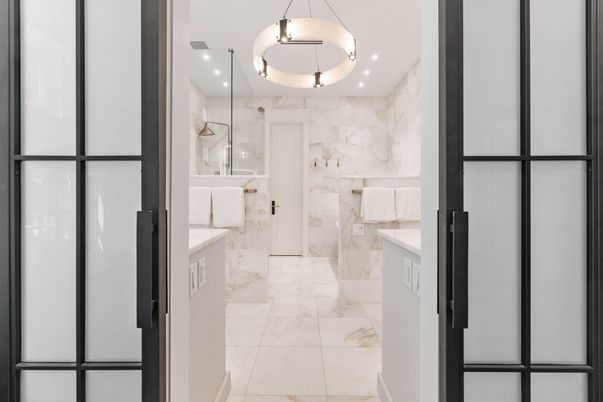 Bathroom, Glass Shower, Interior, Marble, Marble Walls, Pendant Lights, Recessed Lighting
