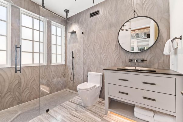 Bathroom, Glass Shower, Interior, Wood Texture Flooring