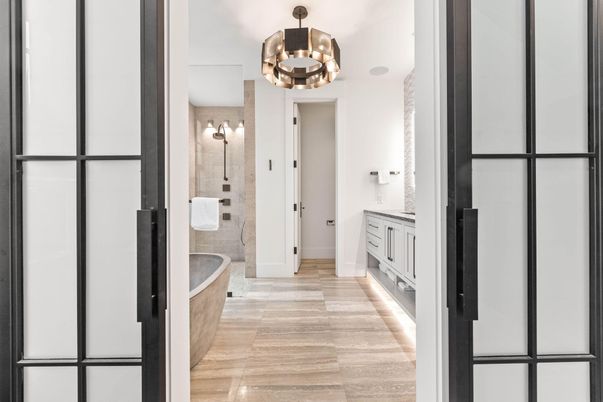 Bathroom, Chandelier, Interior, Wood Texture Flooring