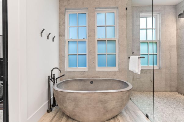 Bathroom, Free Standing Baths, Glass Shower, Interior, Wood Texture Flooring