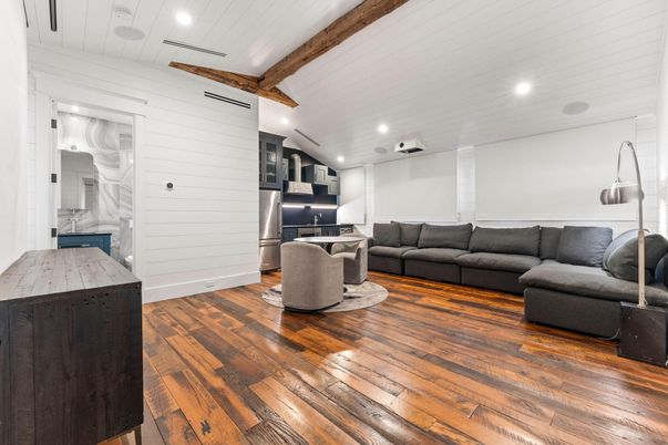 Interior, Kitchen, Living room, Recessed Lighting, Stainless Steel Appliances, Wooden Beams, Wood Texture Flooring